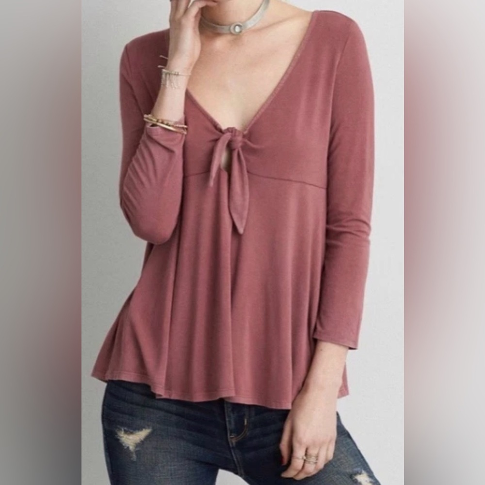 American Eagle Soft & Sexy Tie Front Babydoll Top Plum Mauve Small Shirt Blouse